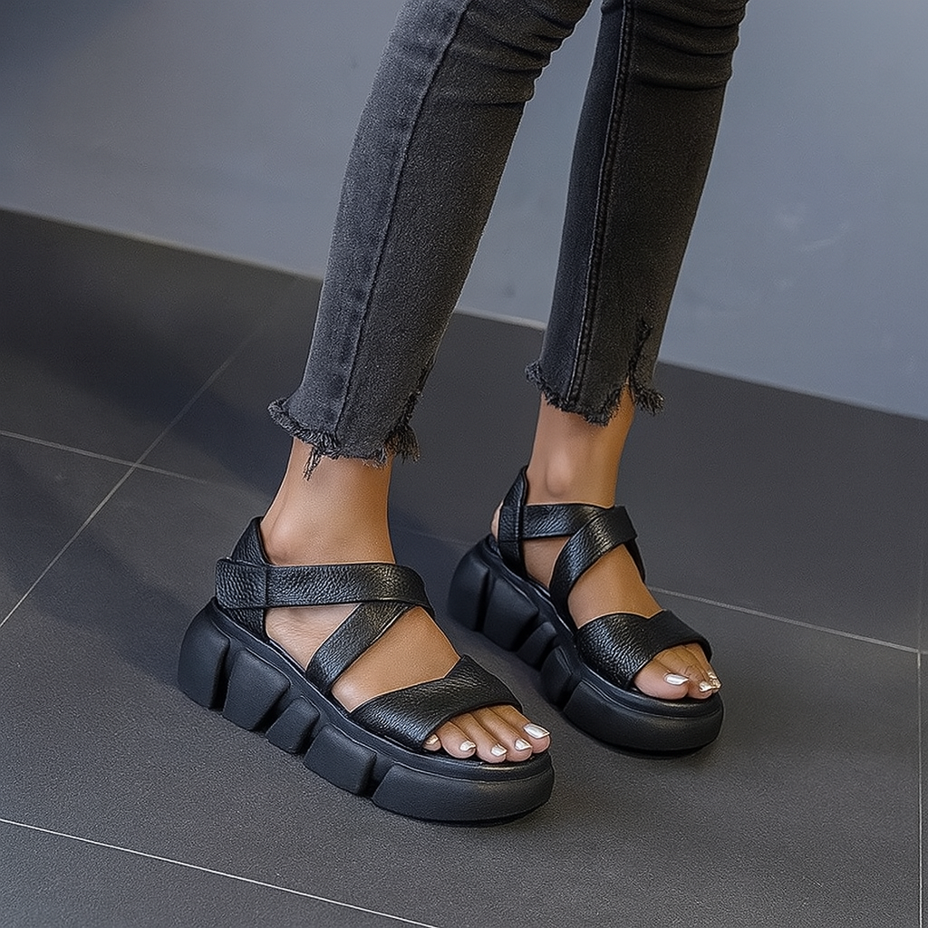 Sandale gladiateur en cuir pour femme, modèle Présence par Azilini, look affirmé et enfilage facile