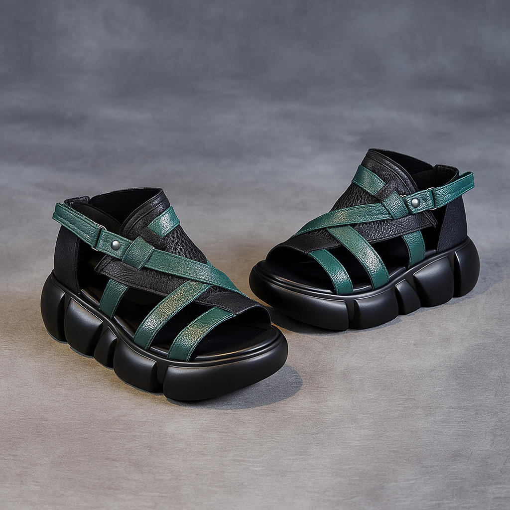 Sandale plateforme en cuir pour femme, modèle Sculpturale par Azilini, esthétique et respirabilité
