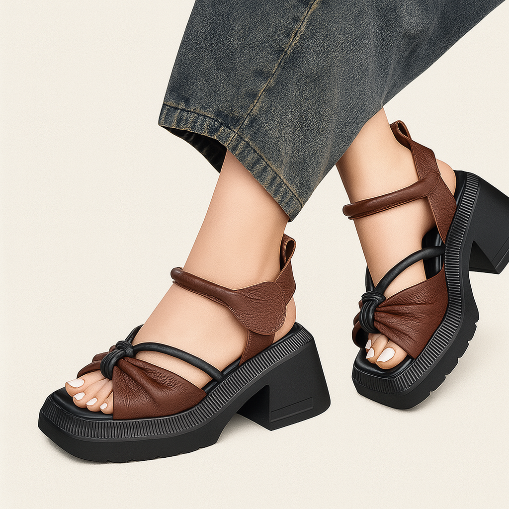 Sandale à talon en cuir avec nœud pour femme, modèle Éloquente par Azilini, look remarqué