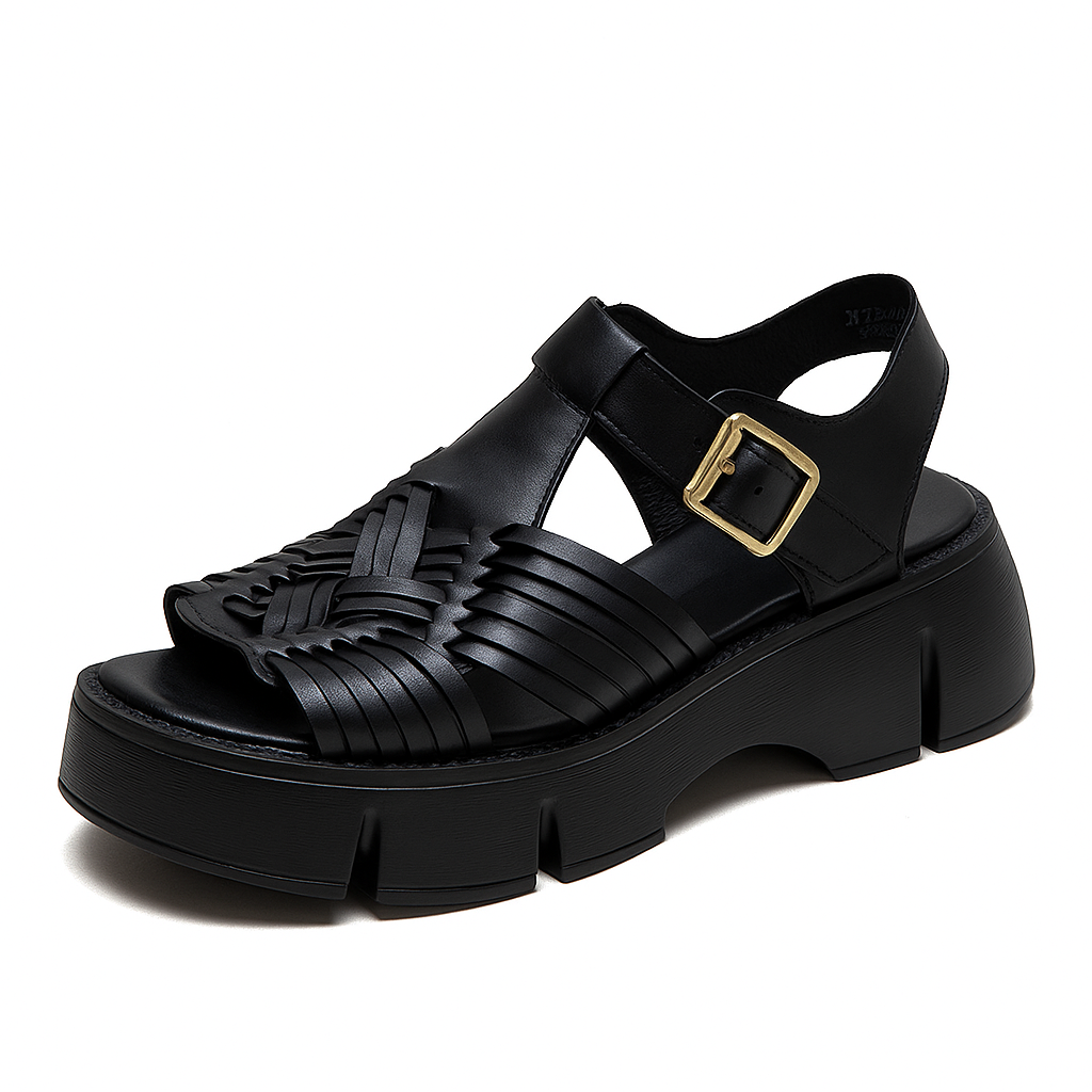 Sandale plateforme en cuir artisanal pour femme, modèle Tressée par Azilini, élévation stable