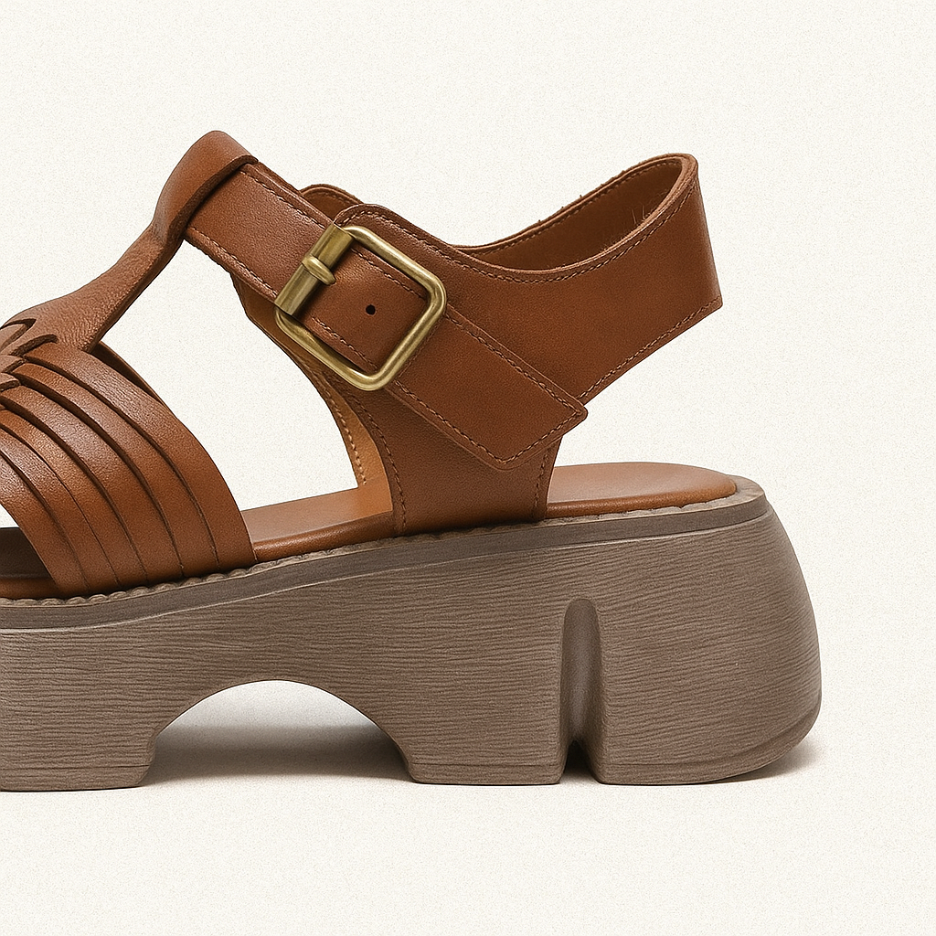 Sandale plateforme en cuir artisanal pour femme, modèle Tressée par Azilini, élévation stable