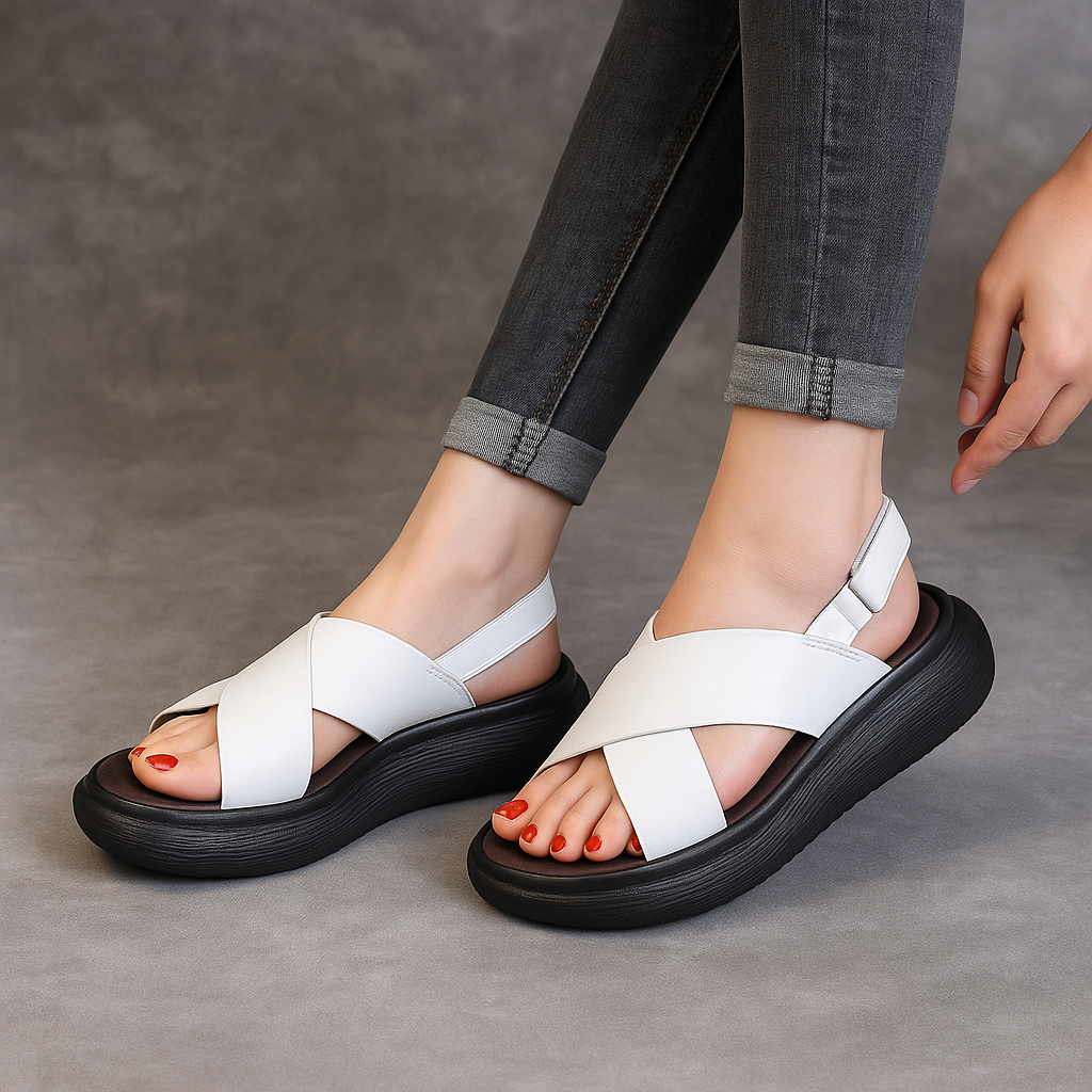 Sandale plateforme en cuir pour femme, modèle Croisée par Azilini, look épuré et confort ergonomique