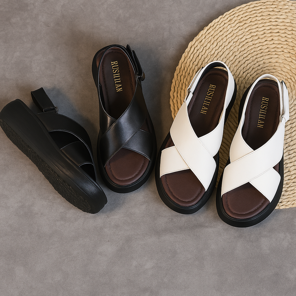 Sandale plateforme en cuir pour femme, modèle Croisée par Azilini, look épuré et confort ergonomique