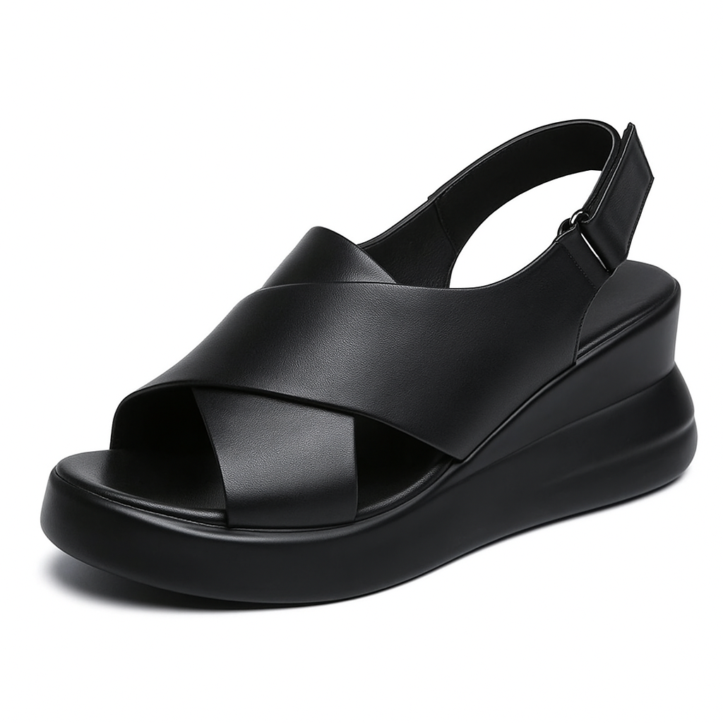 Sandale compensée en cuir pour femme, modèle Équilibre par Azilini, raffinement et bien-être