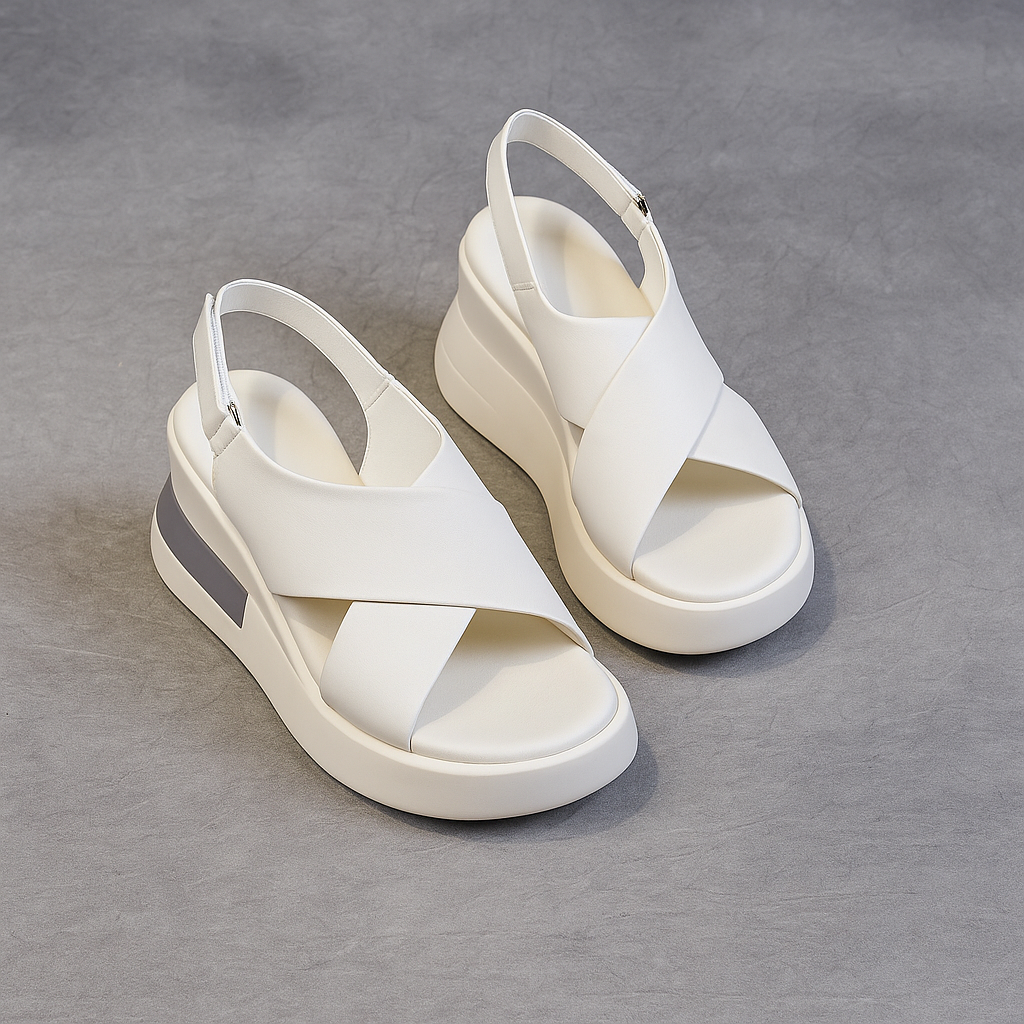 Sandale compensée en cuir pour femme, modèle Équilibre par Azilini, raffinement et bien-être