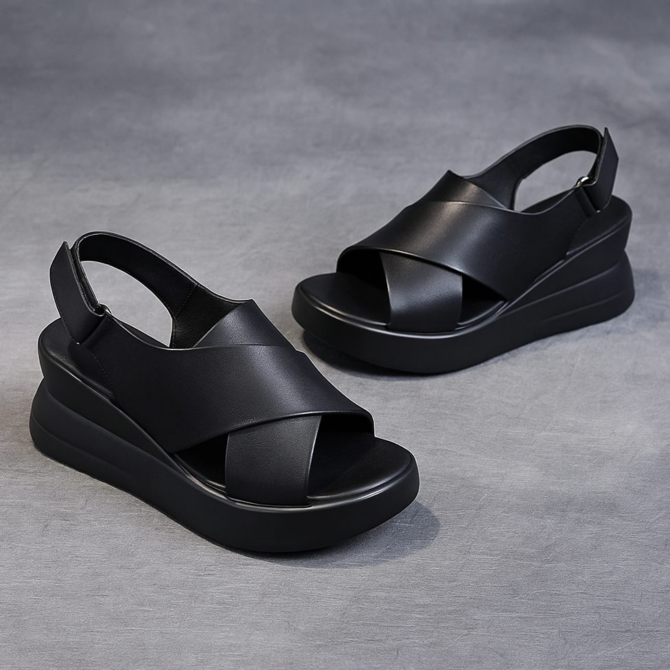 Sandale compensée en cuir pour femme, modèle Équilibre par Azilini, raffinement et bien-être