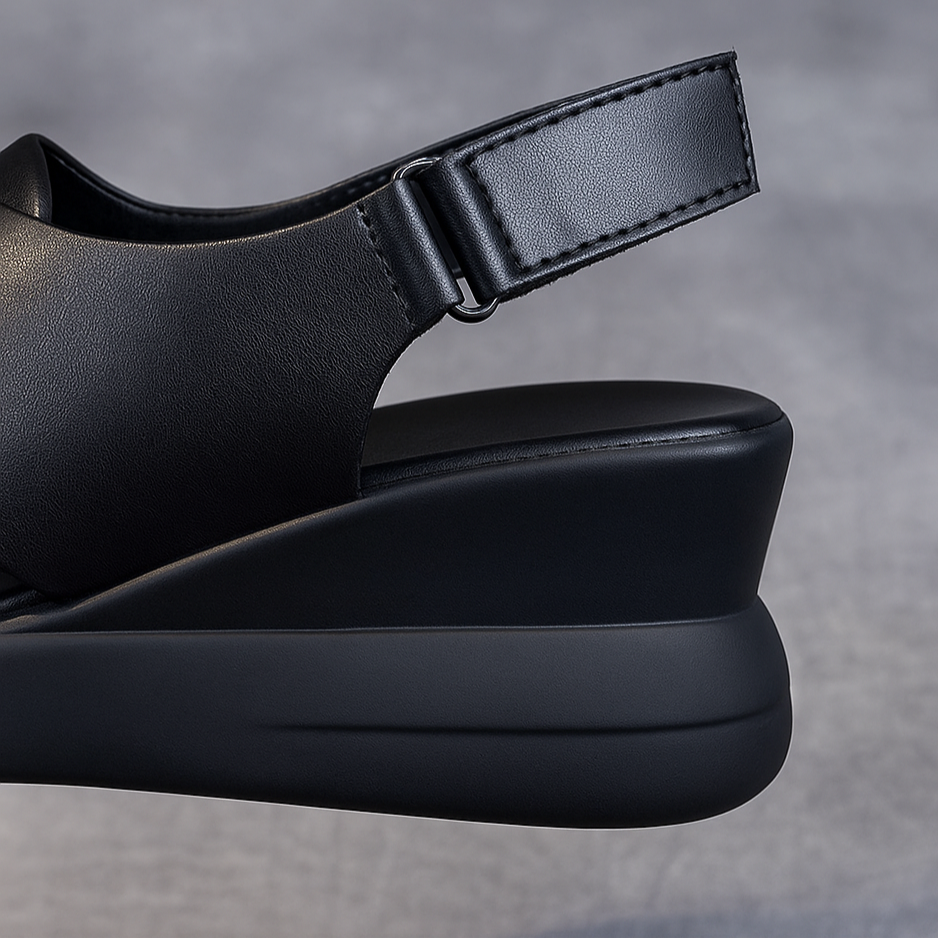 Sandale compensée en cuir pour femme, modèle Équilibre par Azilini, raffinement et bien-être