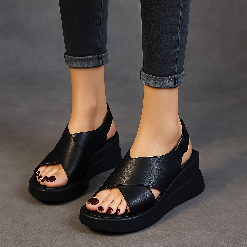 Sandale compensée en cuir pour femme, modèle Équilibre par Azilini, raffinement et bien-être