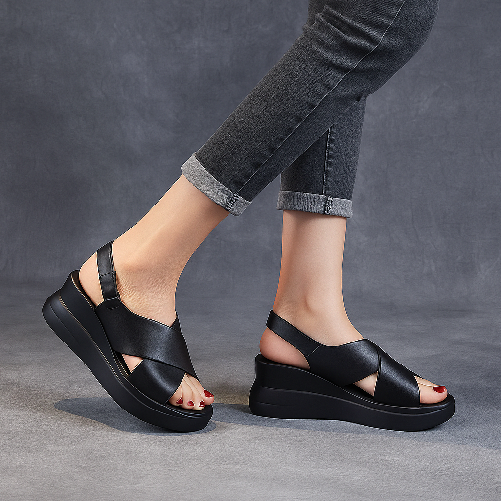 Sandale compensée en cuir pour femme, modèle Équilibre par Azilini, raffinement et bien-être