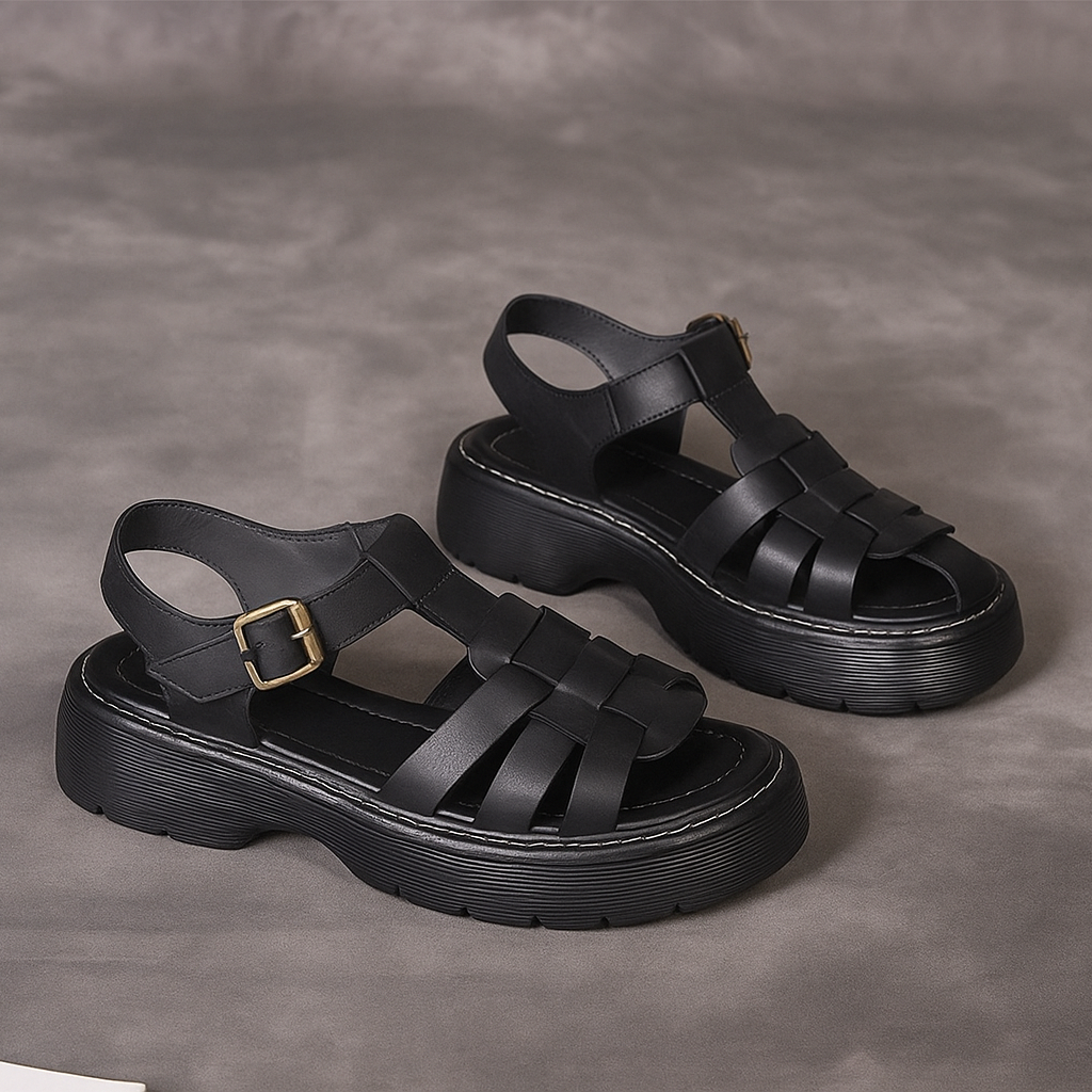 Sandale plateforme en cuir tressé pour femme, modèle Rebelle par Azilini, caractère urbain